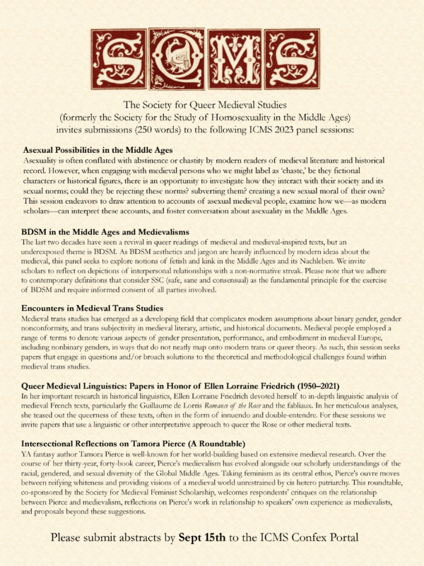 Society for Queer Medieval Studies Call for Papers for ICMS 2023