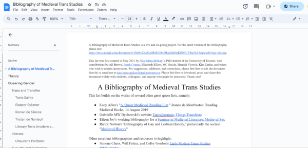 A Trans and Translike Medieval Bibliography screencap Screenshot of A Bibliography of Medieval Trans Studies