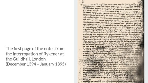 The first page of the notes from the interrogation of Rykener at the Guildhall, London [December 1394 – January 1395]