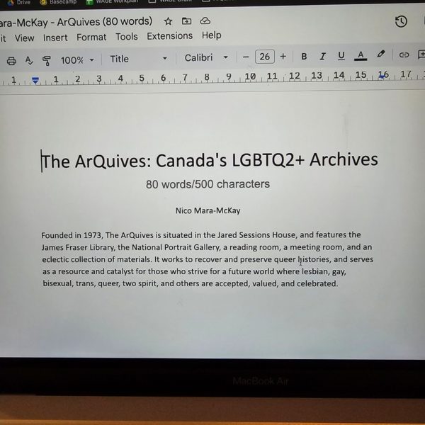 Screenshot of my original Google Doc, which reads, "Founded in 1973, The ArQuives is situated in Jared Sessions House and features the James Fraser Library, the National Portrait Gallery, a reading room, a meeting room, and an eclectic collection of materials. It works to recover and preserve queer histories, and serves as a resource and catalyst for those who strive for a future where lesbian, gay, bisexual, trans, queer, two spirit, and others are accepted, valued, and celebrated."