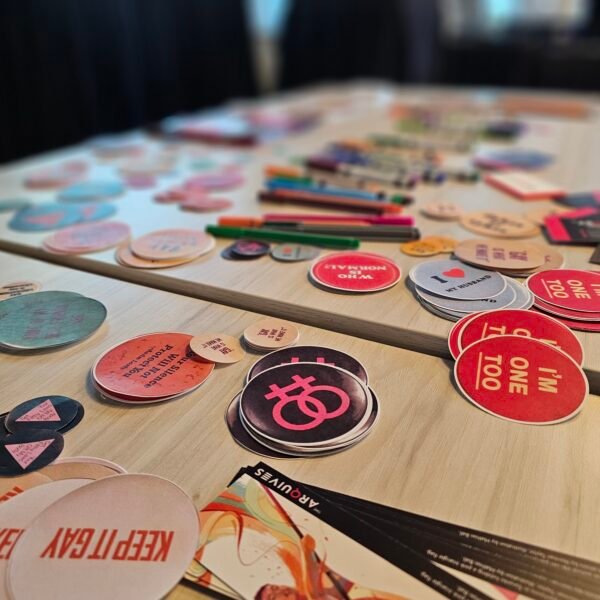 Butten templates, pens, markers, and other zine-making materials from our workshop.