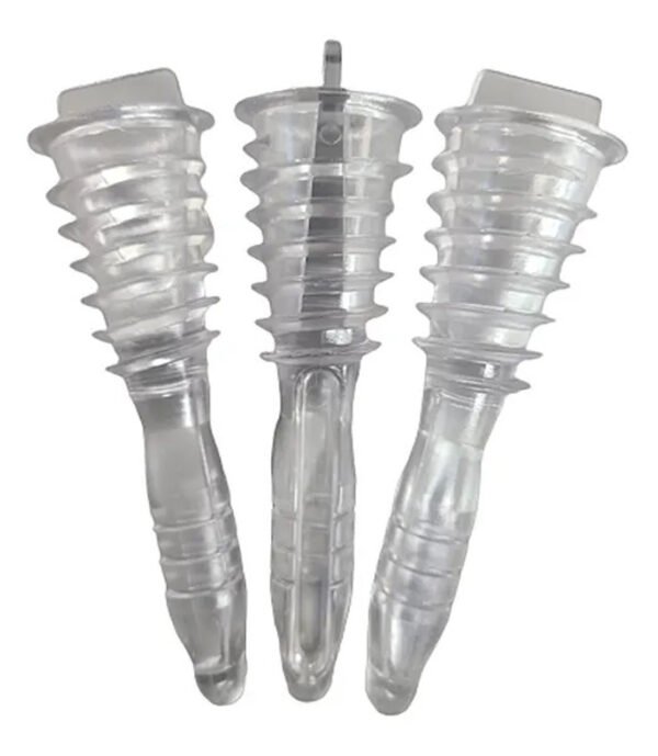 Three AV closure plugs, which look like clear butt plugs, but with a corkscrew design.