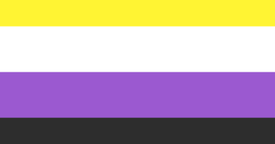 Nonbinary flag with horizontal bars in yellow, white, purple, and black.